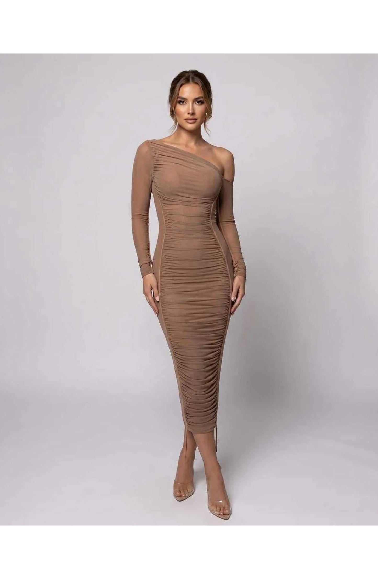 Léonie Women's Midi Dress | Asymmetric Shoulder | Textured Fabric
