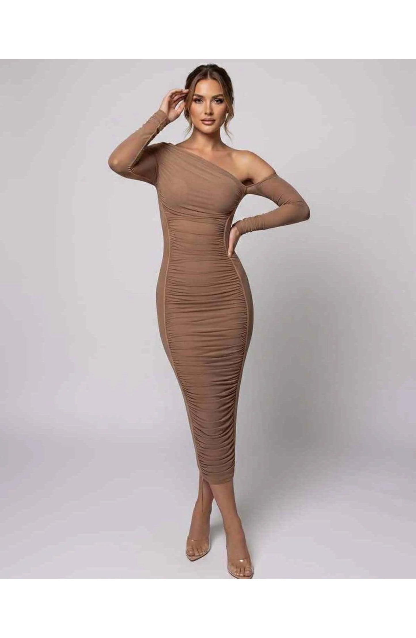 Léonie Women's Midi Dress | Asymmetric Shoulder | Textured Fabric