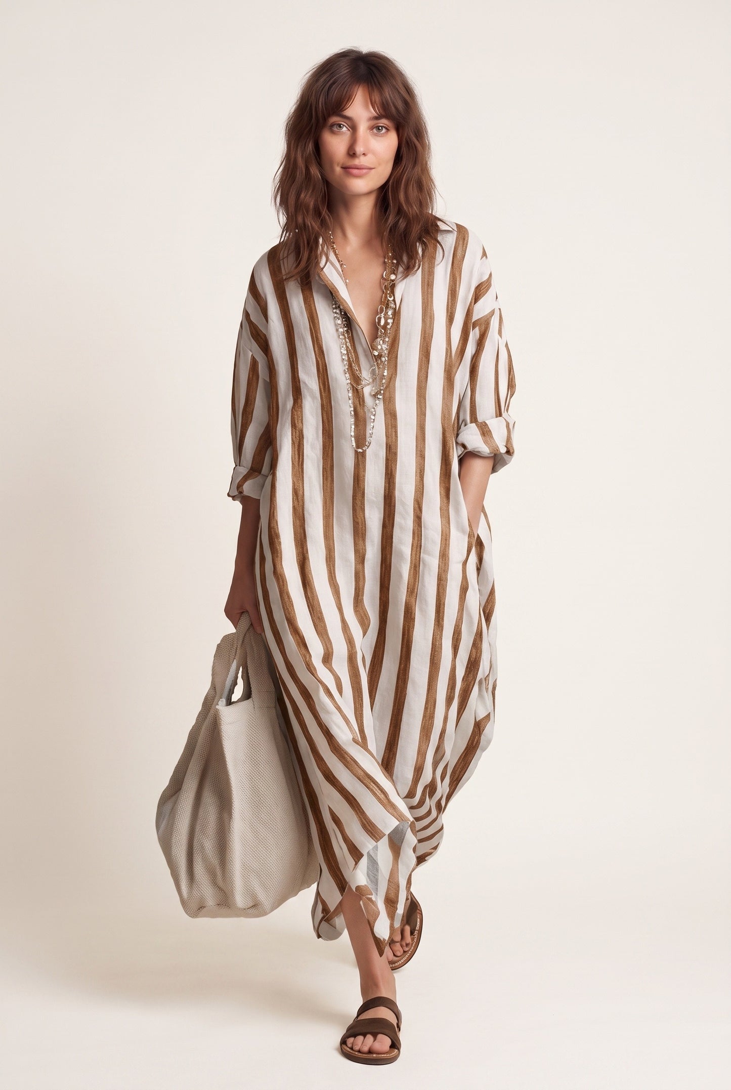 Pétronille Dames Maxi Jurk | Streepjesprint | V-Hals