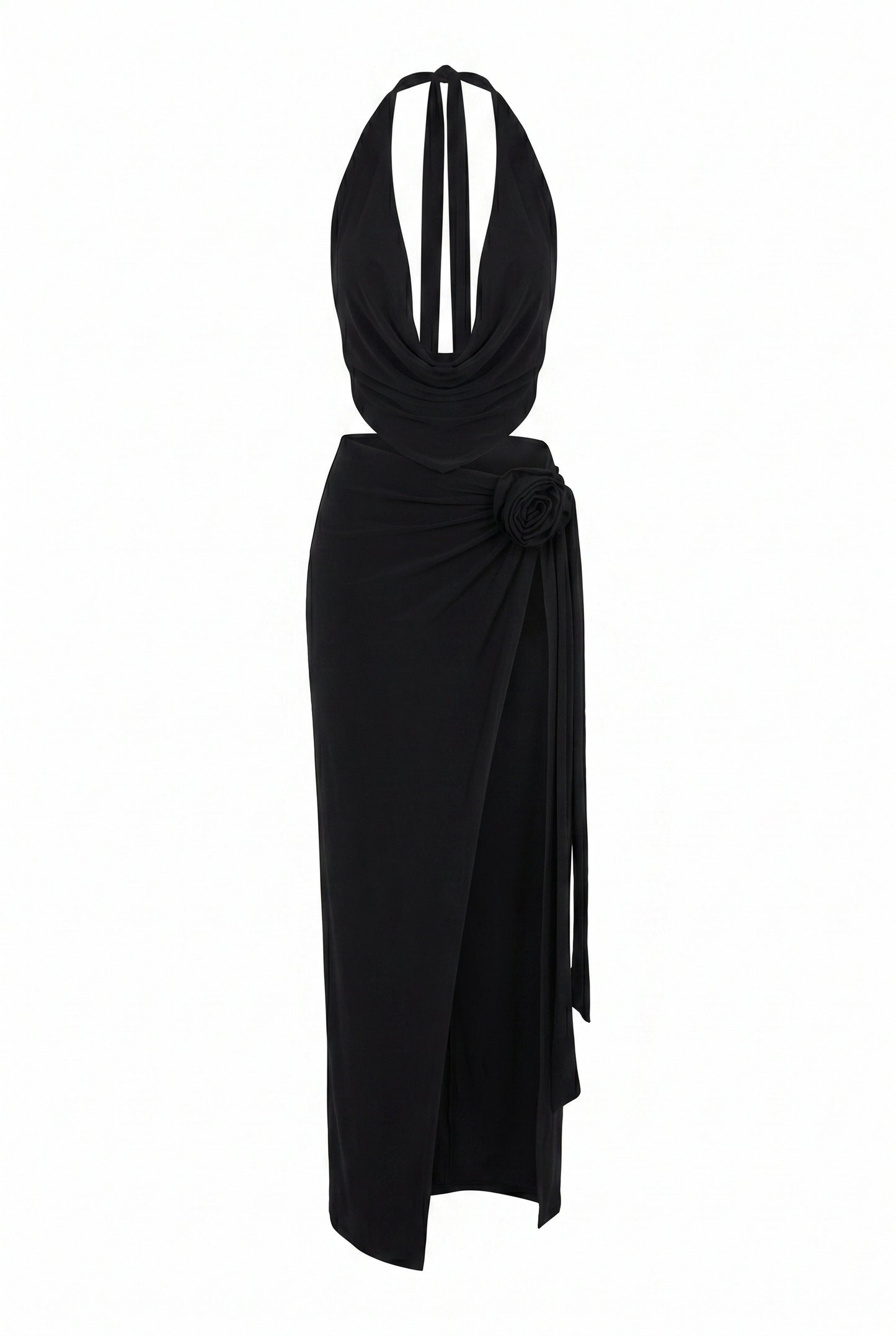 Dames Maxi Jurk | Halternek met Diepe V-Hals | Hoge Split en Strikdetail