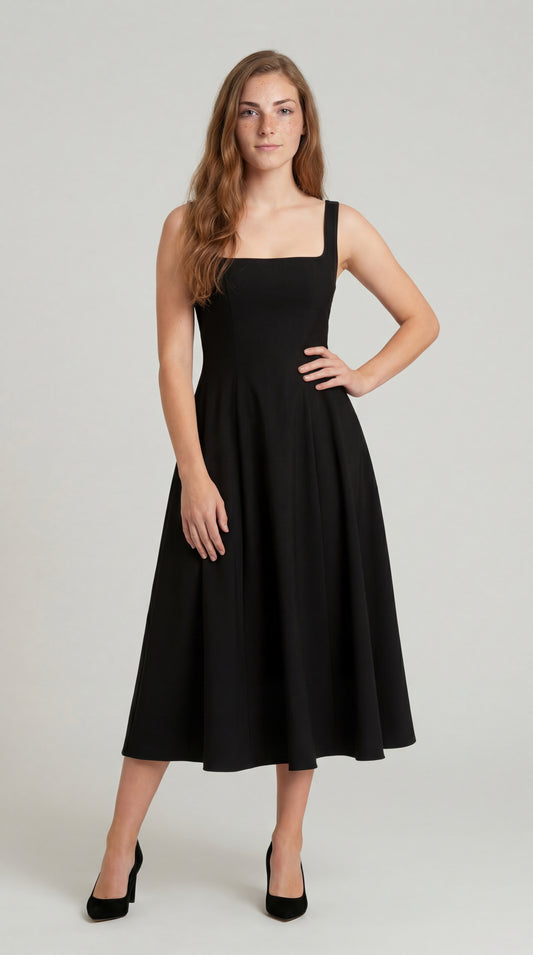 Dames Midi Jurk | Vierkante Halslijn | Uitlopende Rok