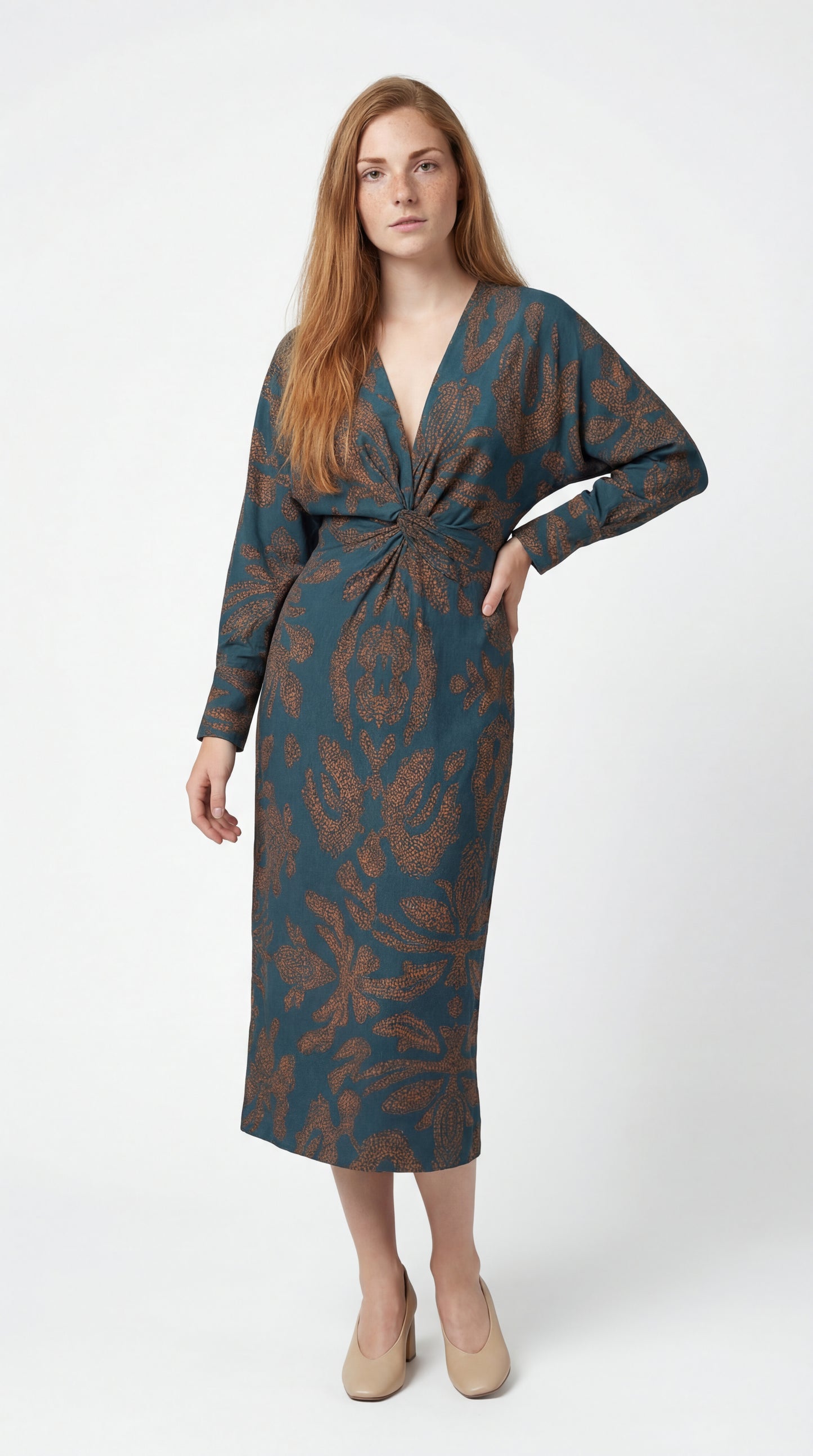Hélène Dames Jurk | Midi Lengte | V-hals & Taille Twist Detail