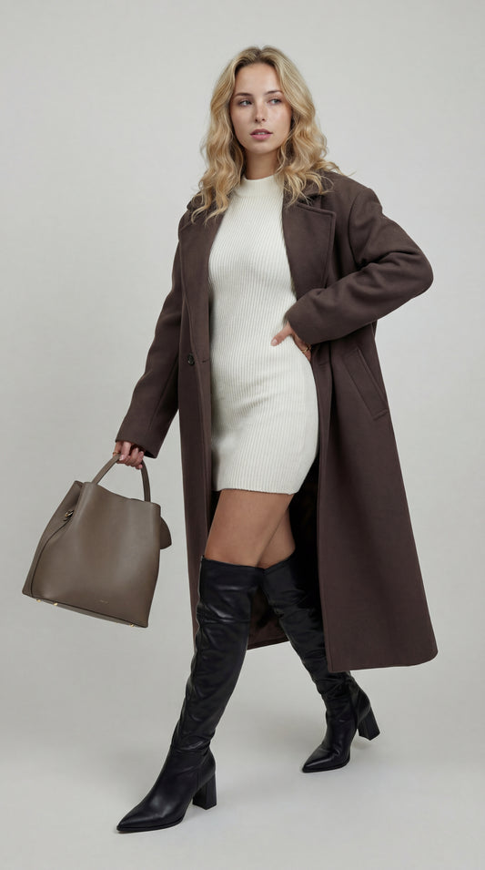 Dames Lange Jas | Oversized Pasvorm | Klassieke Reverskraag | Donkerbruin