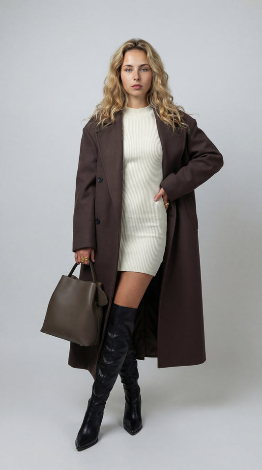 Dames Lange Jas | Oversized Pasvorm | Klassieke Reverskraag | Donkerbruin