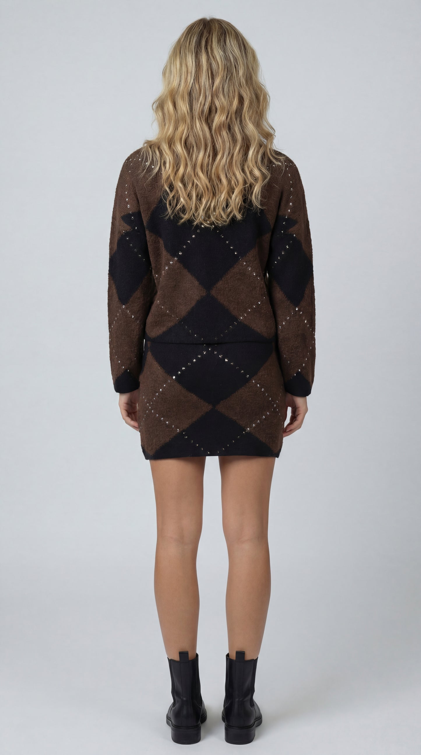Dames Gebreide Set | Trui met Ruitpatroon & Minirok | Bruin/Zwart
