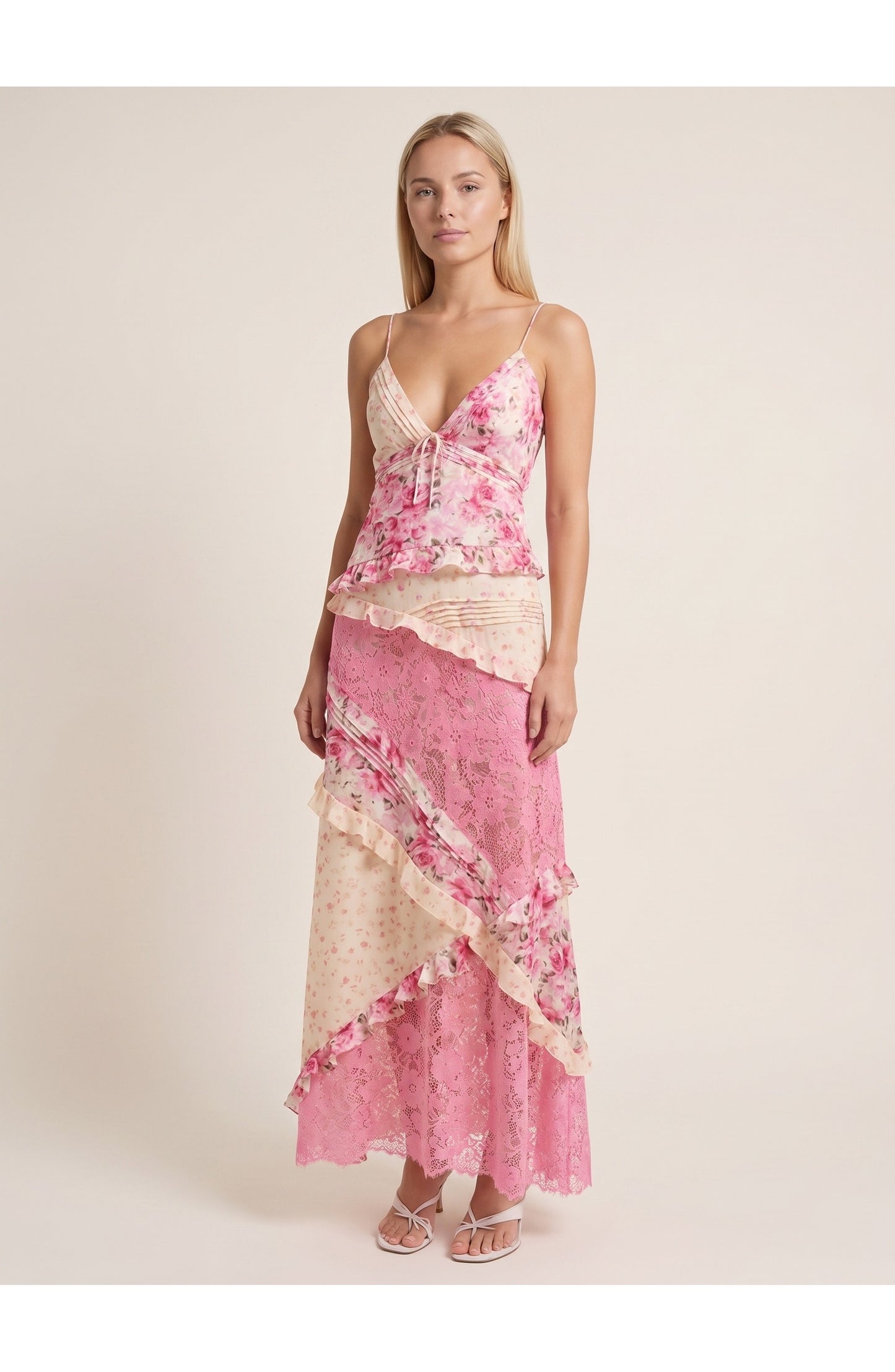 Joanna Dames Maxi Jurk | Blauwe Bloemenprint | Witte Kanten Details