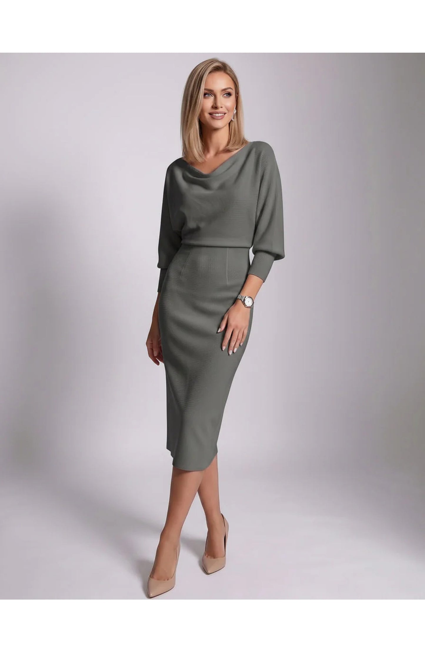 Brigitte Women's Midi Dress | Waterfall Neckline | Balloon Sleeves