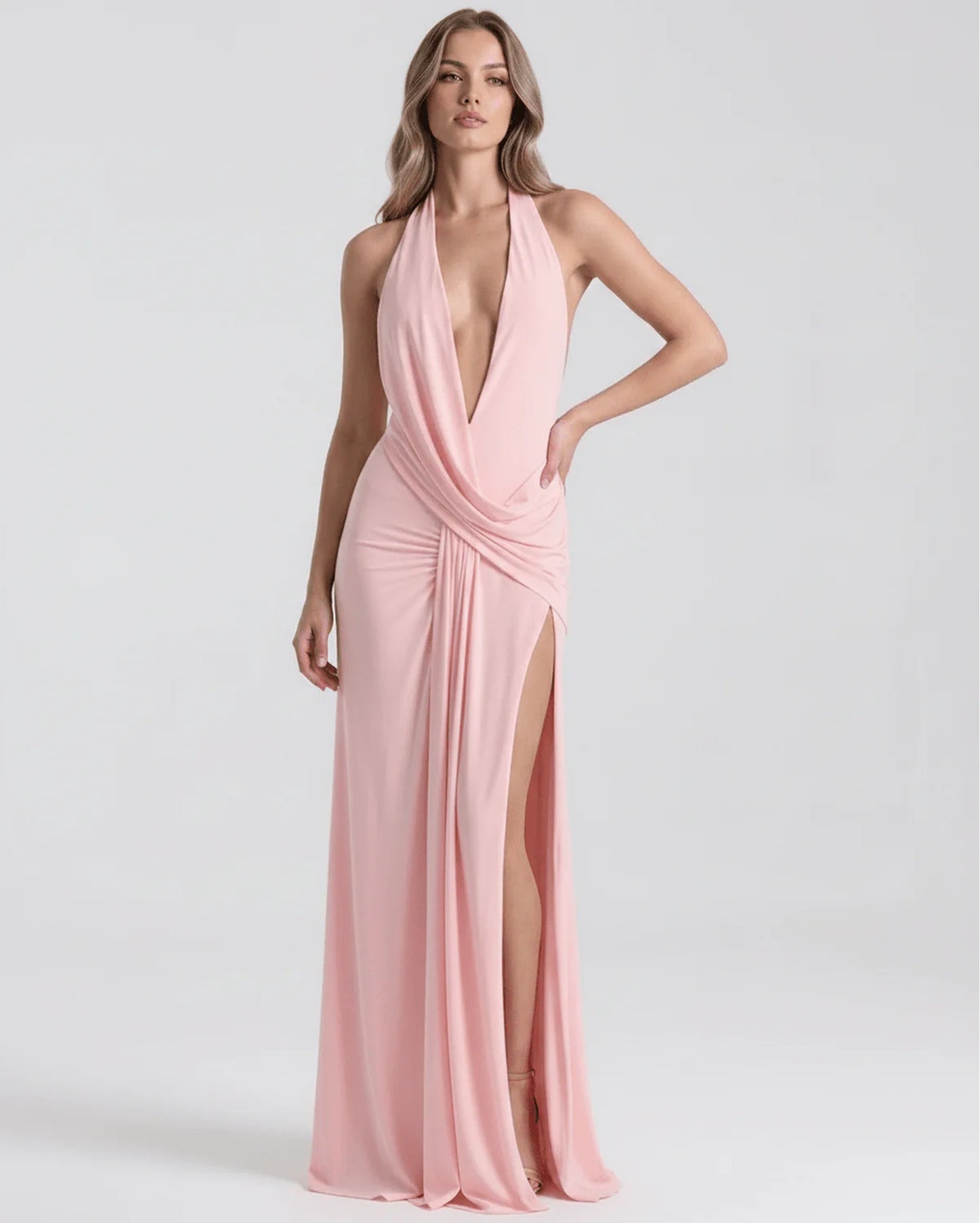 Women's Maxi Dress | Deep Halter V-Neck | High Slit & Draping
