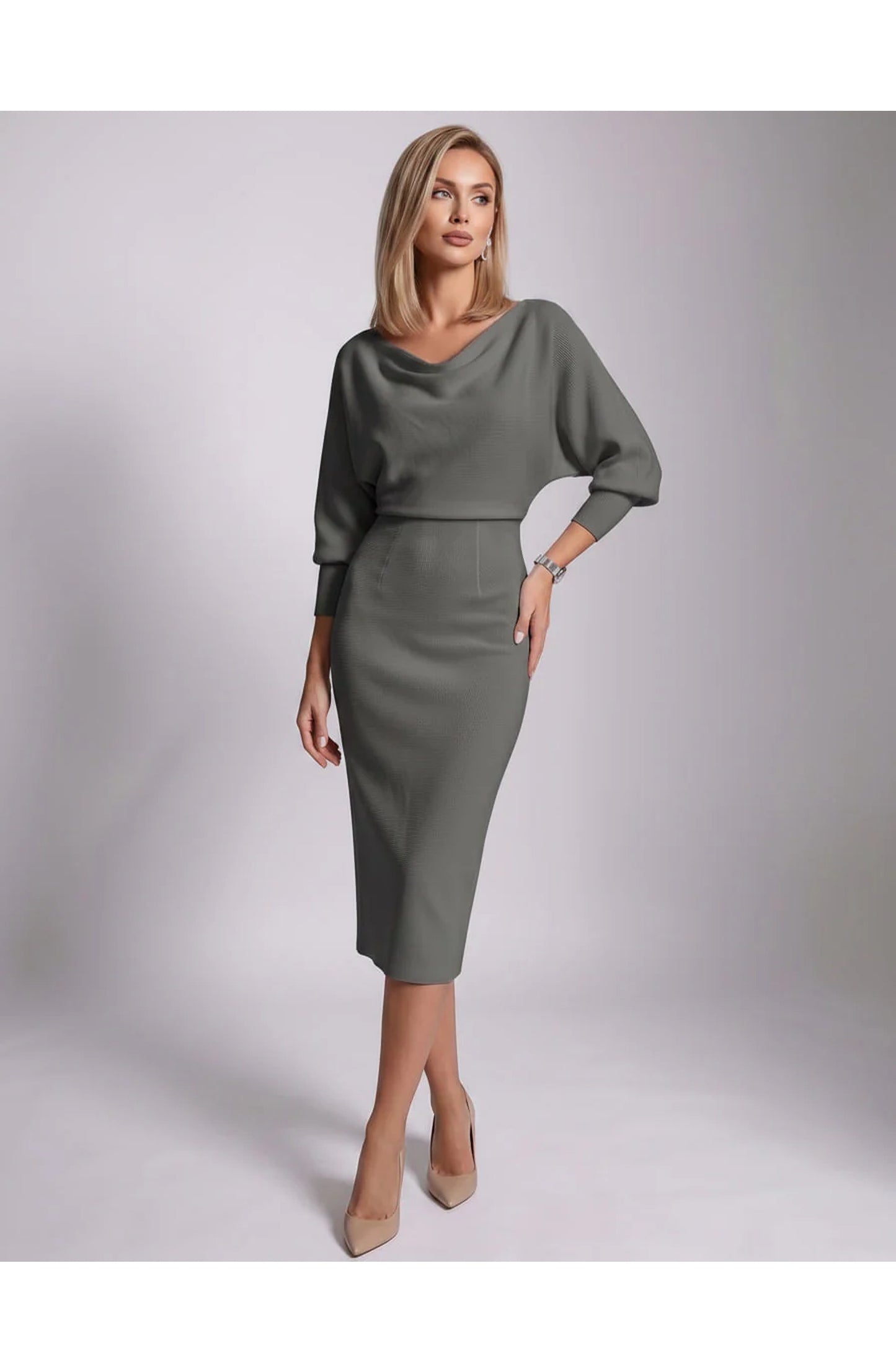 Brigitte Women's Midi Dress | Waterfall Neckline | Balloon Sleeves