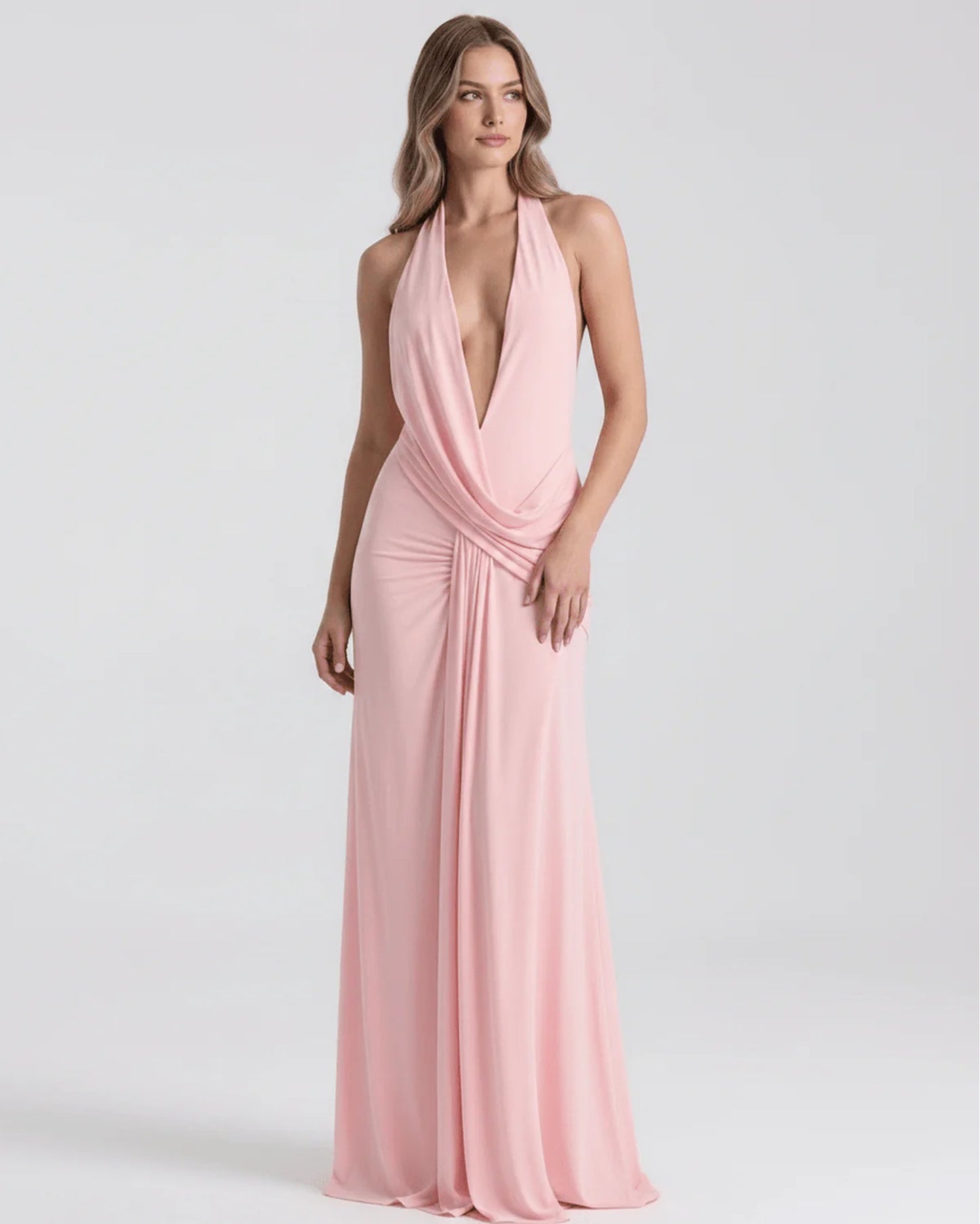 Women's Maxi Dress | Deep Halter V-Neck | High Slit & Draping