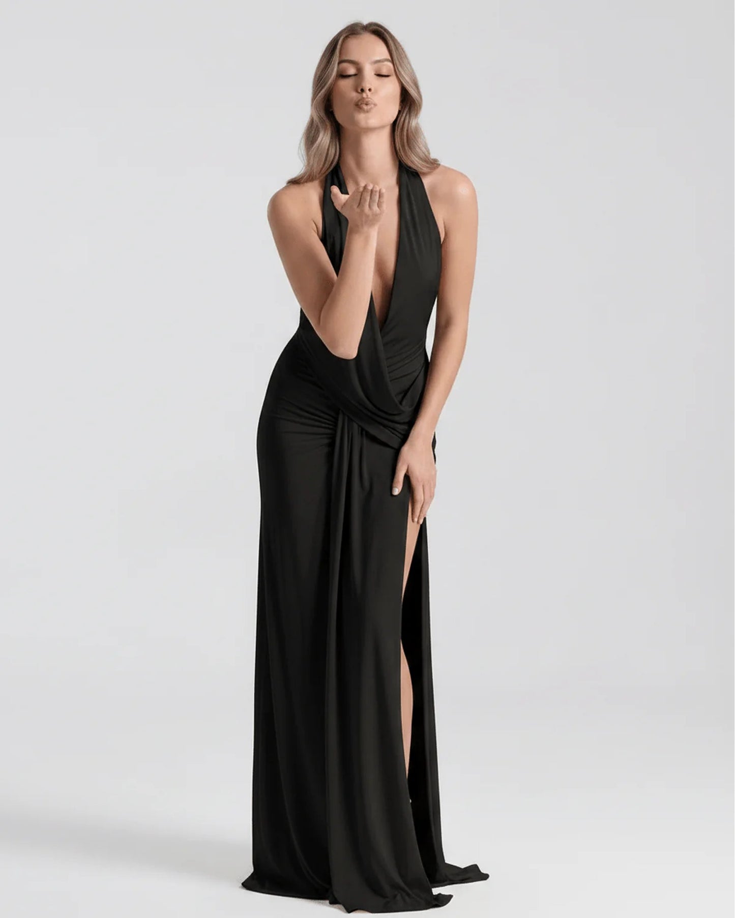 Women's Maxi Dress | Deep Halter V-Neck | High Slit & Draping