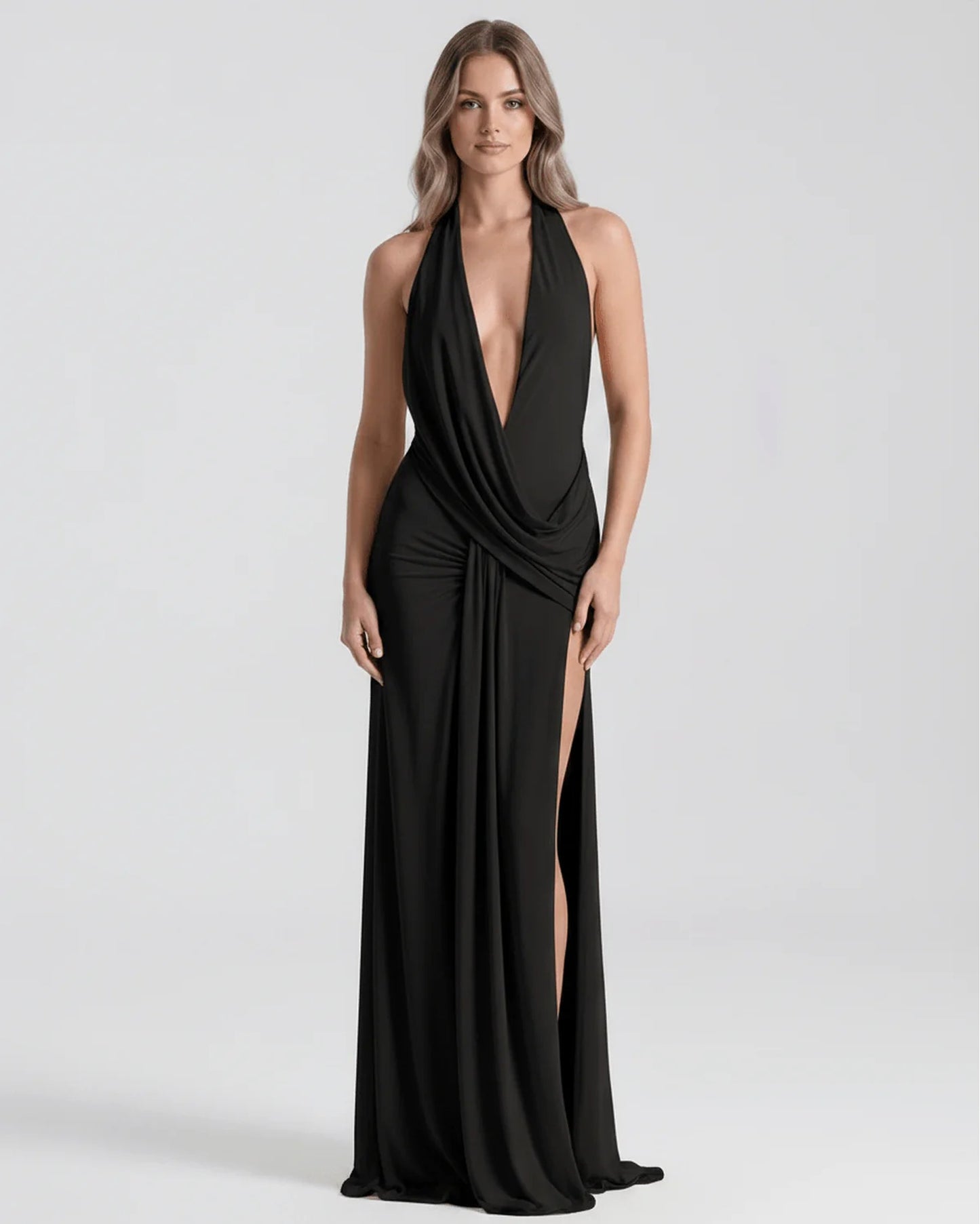 Women's Maxi Dress | Deep Halter V-Neck | High Slit & Draping