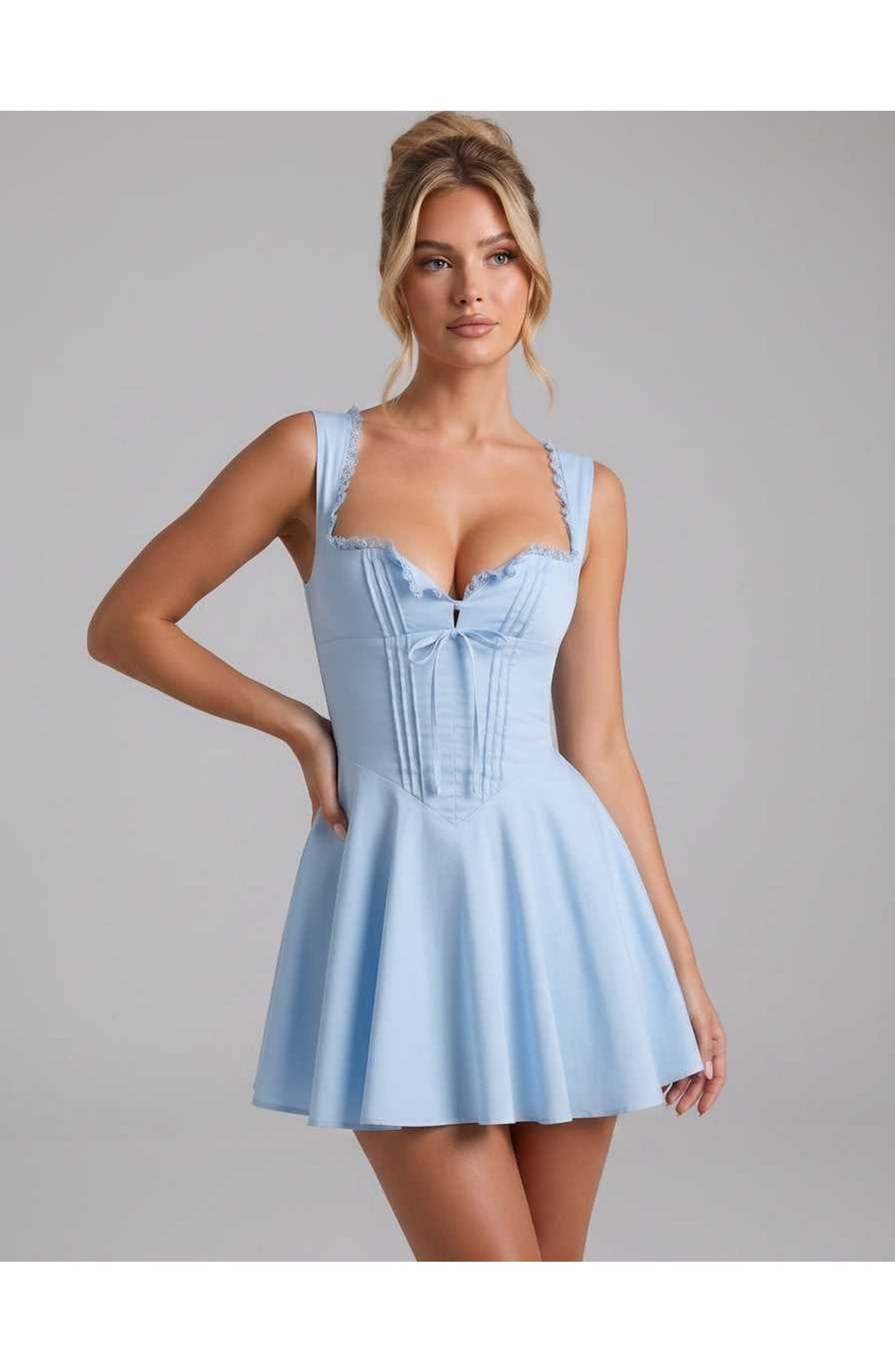 Sidonie Dames Mini Jurk | Strikdetail Voorpand | Uitlopende Rok