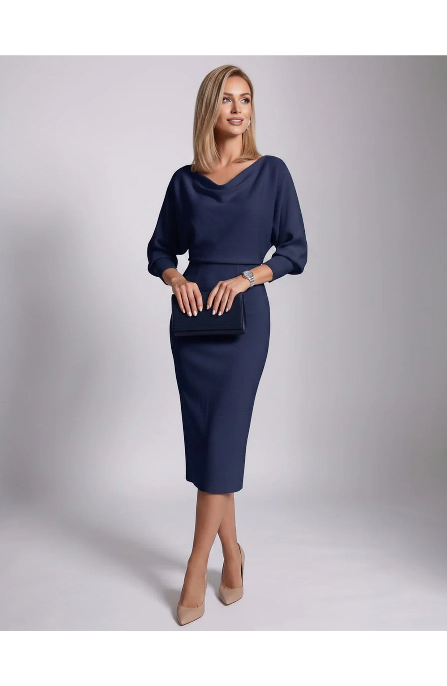 Brigitte Women's Midi Dress | Waterfall Neckline | Balloon Sleeves