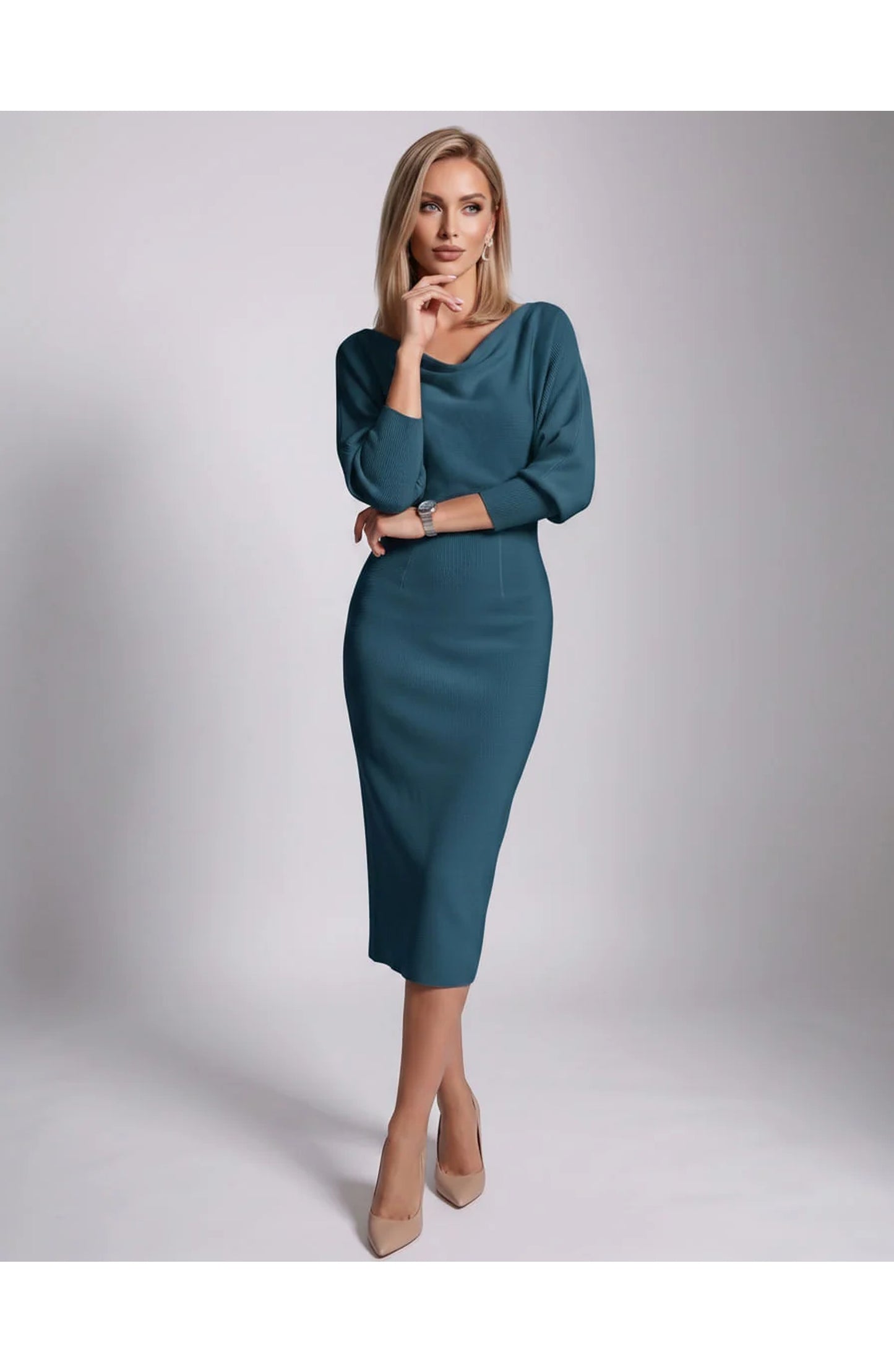 Brigitte Women's Midi Dress | Waterfall Neckline | Balloon Sleeves
