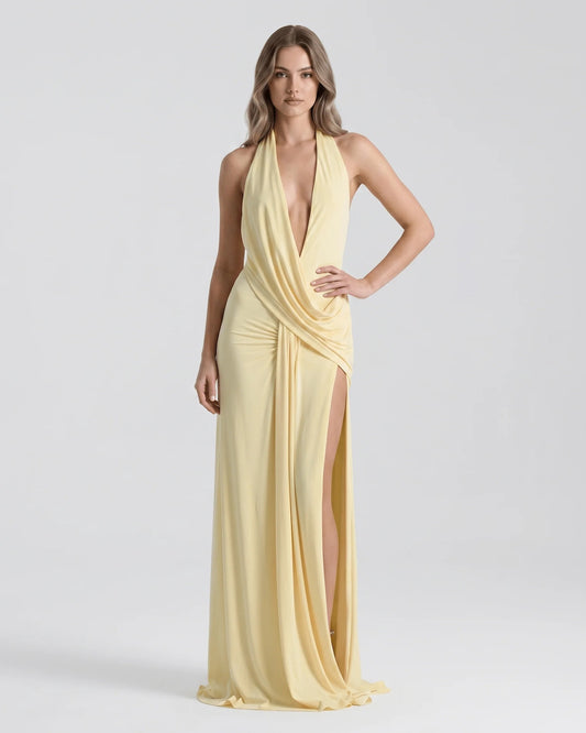 Women's Maxi Dress | Deep Halter V-Neck | High Slit & Draping