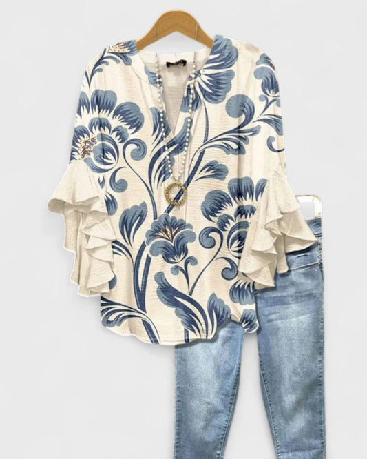 Bertrade Dames Top | Gelaagde Volantmouwen | Bloemenprint