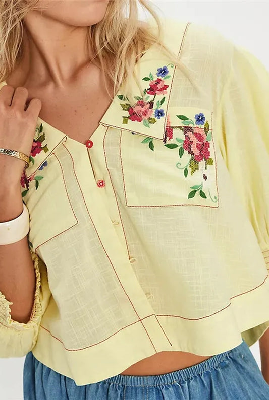Godelieve Women's Blouse | Embroidered Flowers | Smocked Cuffs