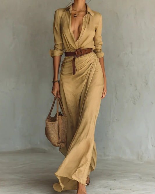 Ève-Léonie Dames Midi Jurk | Diepe V-Hals | Wikkeldetail