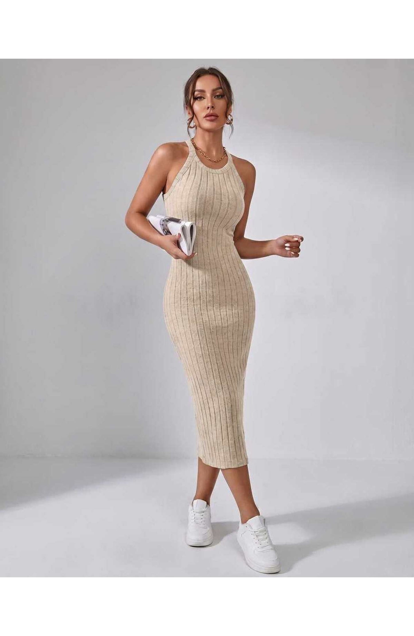 Jordane Dames Midi Jurk | Geribbeld | Mouwloos