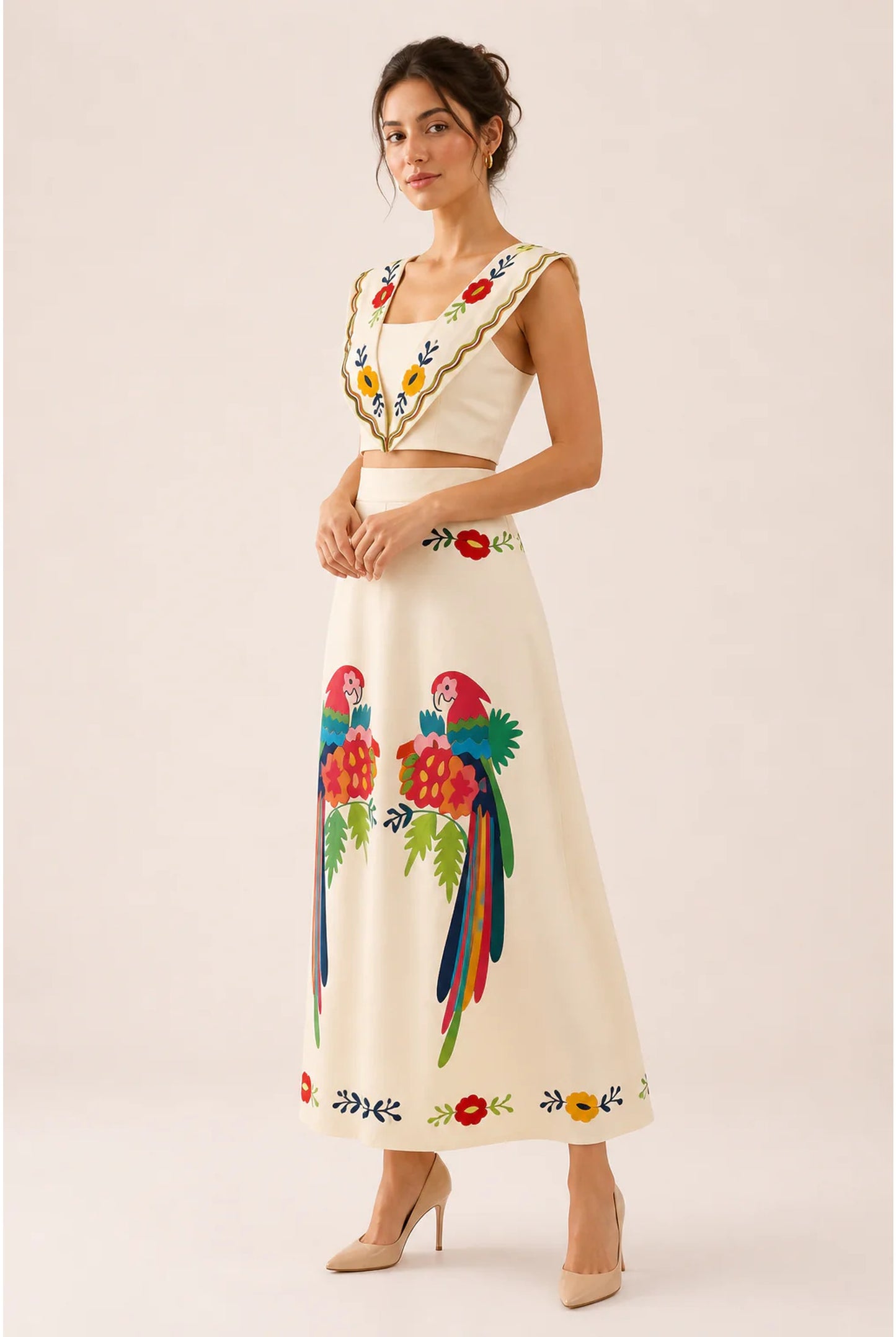 Women's Co-ord Set | Embroidered Parrot Motif | Maxi Skirt