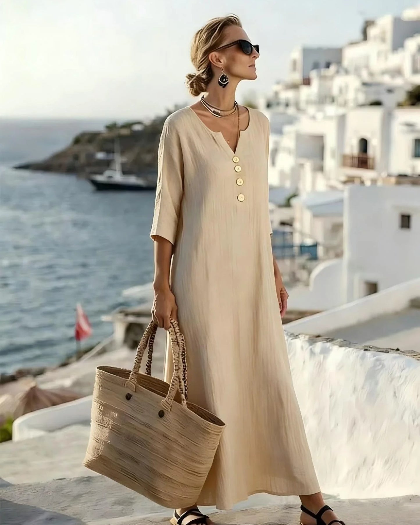 Priscille Dames Midi Jurk | V-Hals met Knopen | Driekwart Mouwen