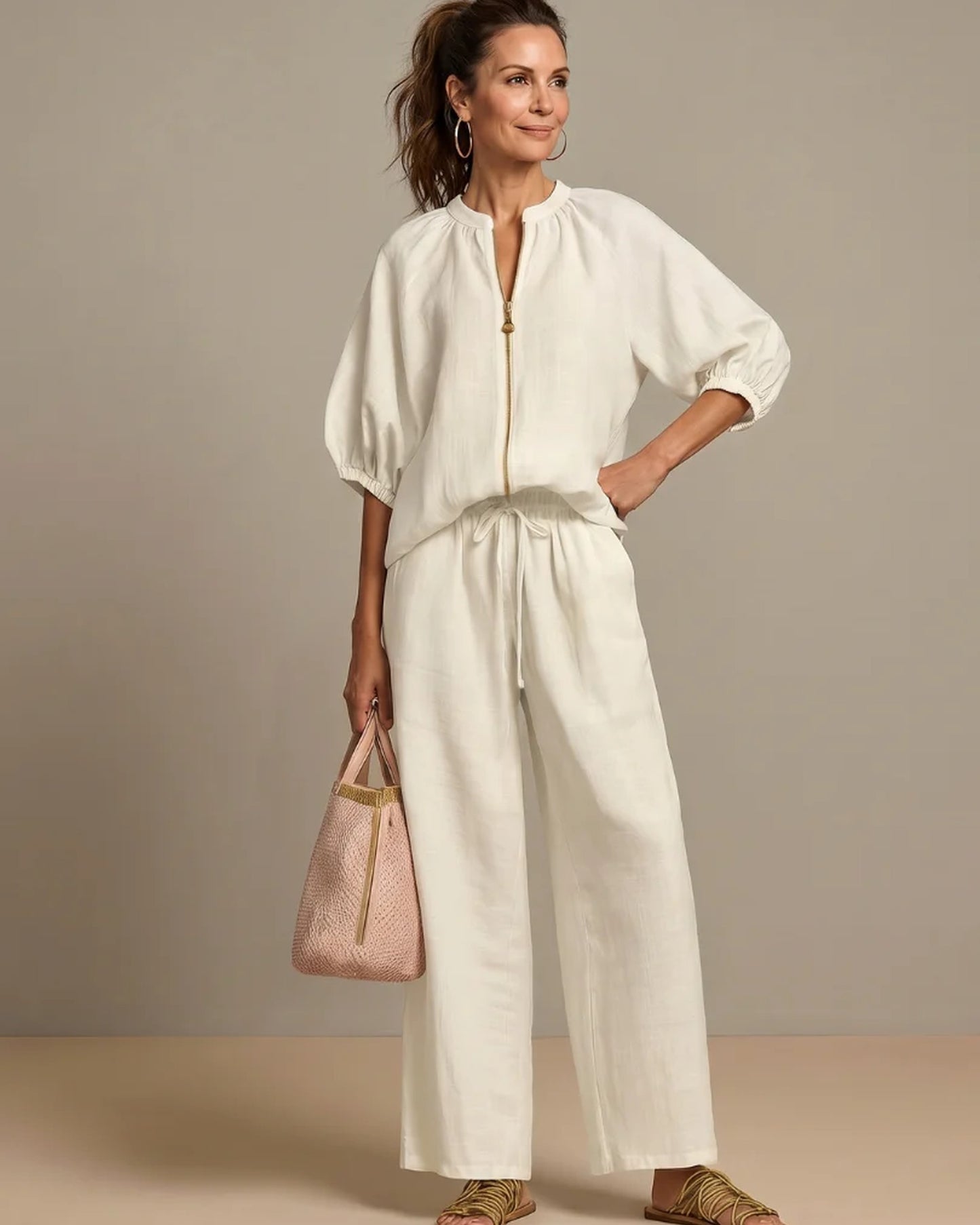 Andréa Dames Co-ord Set | Ballonmouwen | Ritssluiting Voorkant