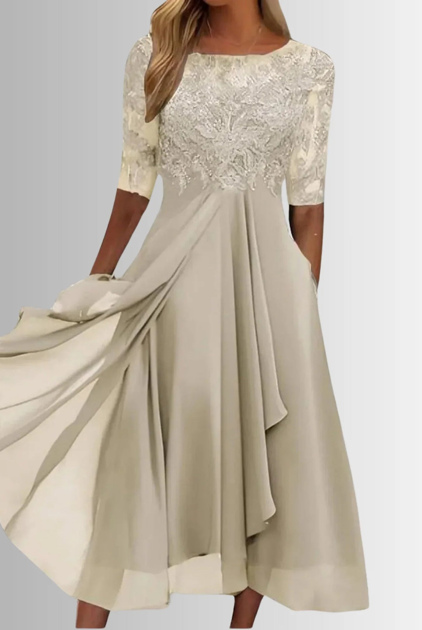 Ameline Dames Midi Jurk | Kanten Bovenstuk | Driekwart Mouwen