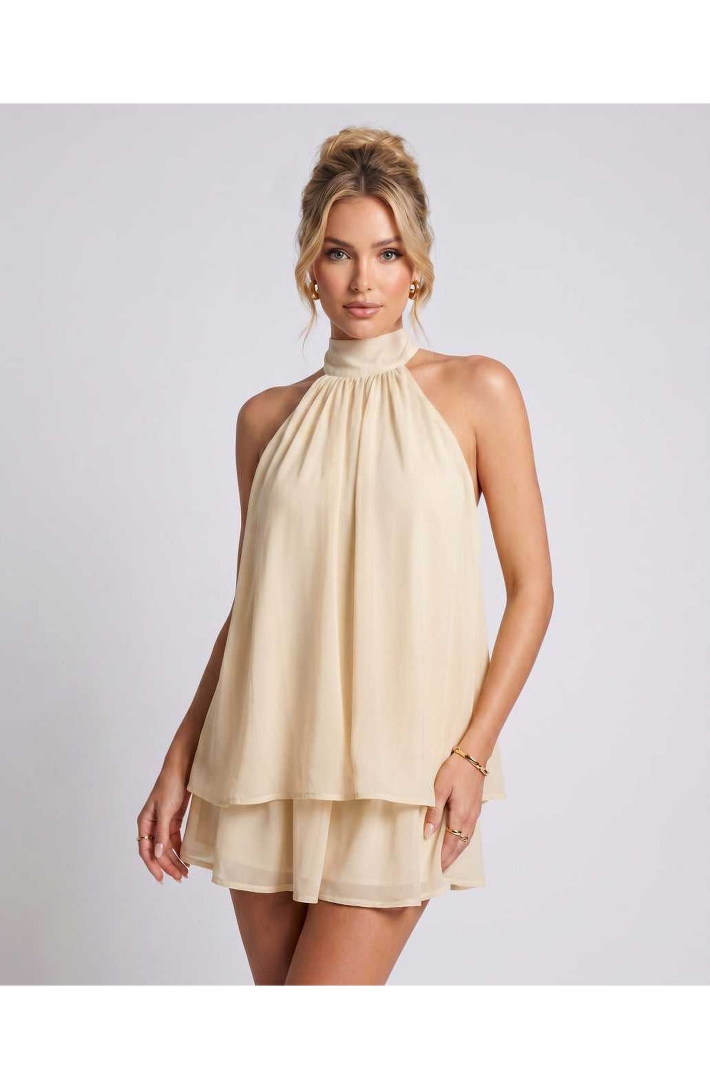 Simone Dames Mini Jurk | Halternek | Gelaagde Rok