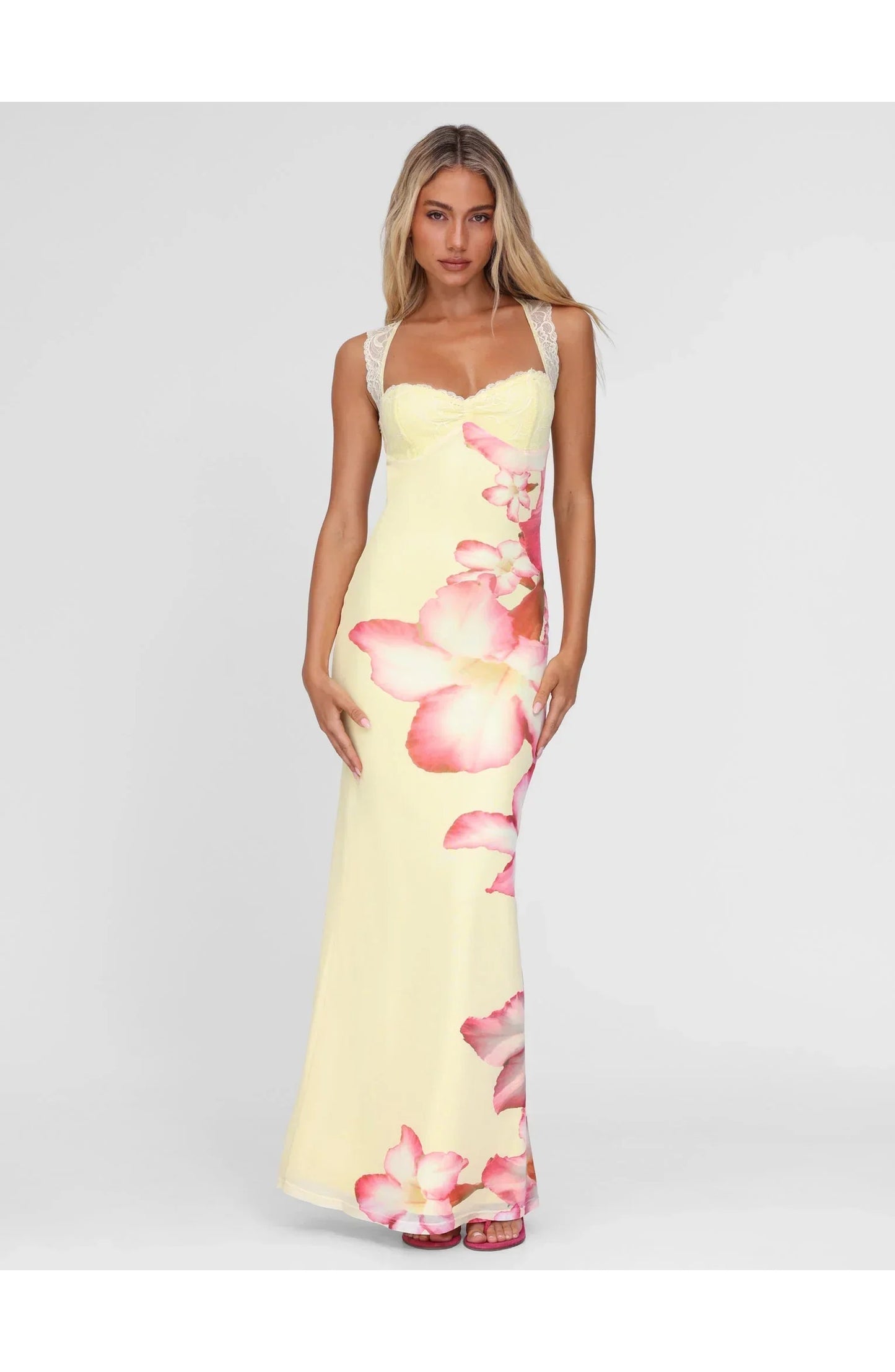 Women's Maxi Dress | Lace Straps | Pink Floral Print