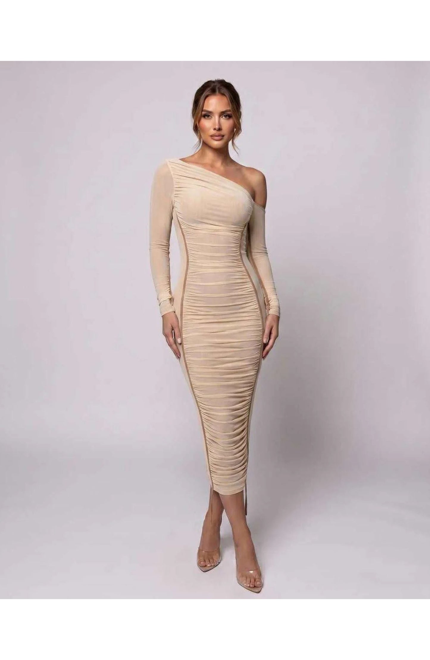 Léonie Women's Midi Dress | Asymmetric Shoulder | Textured Fabric