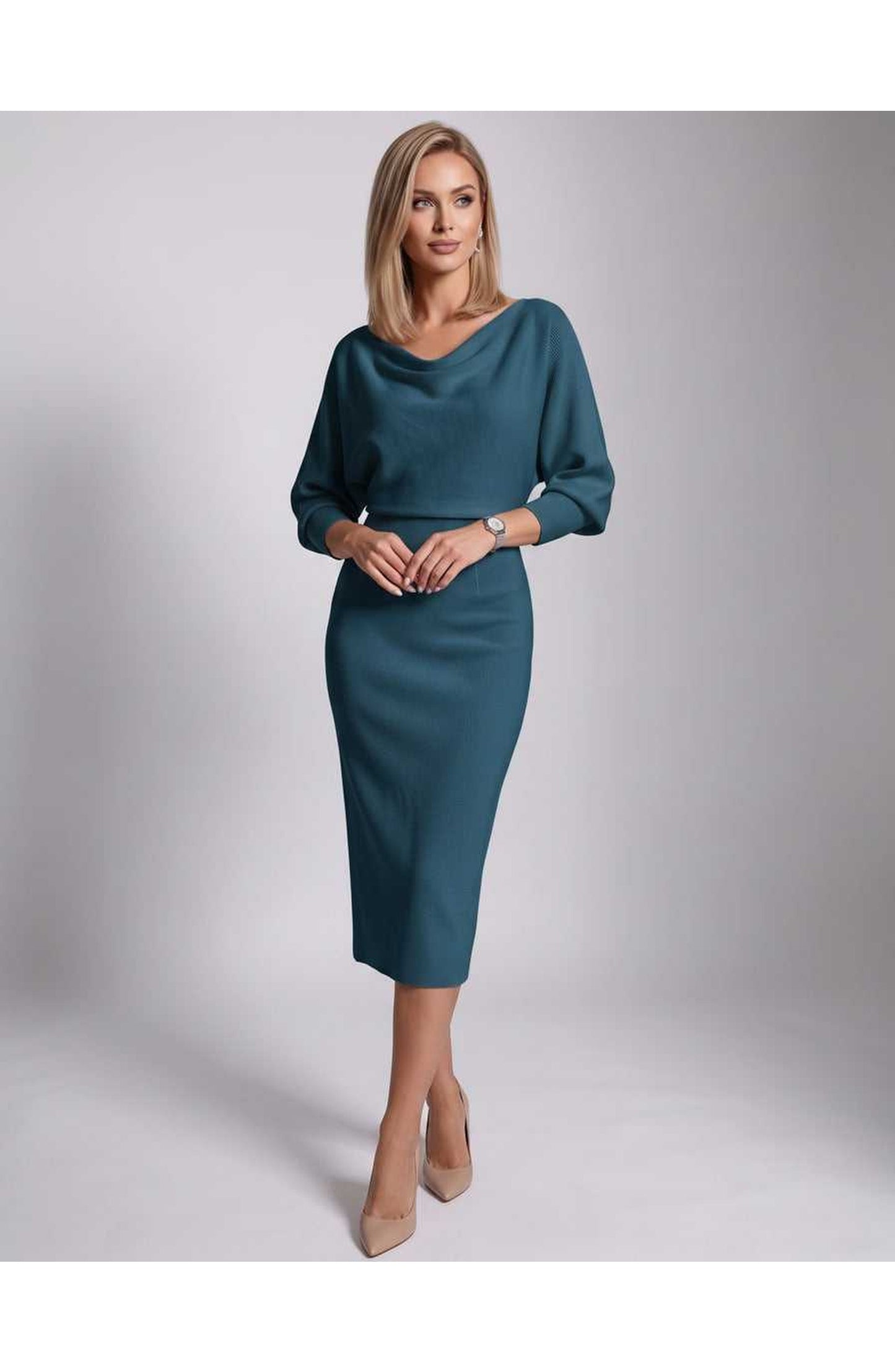 Brigitte Women's Midi Dress | Waterfall Neckline | Balloon Sleeves