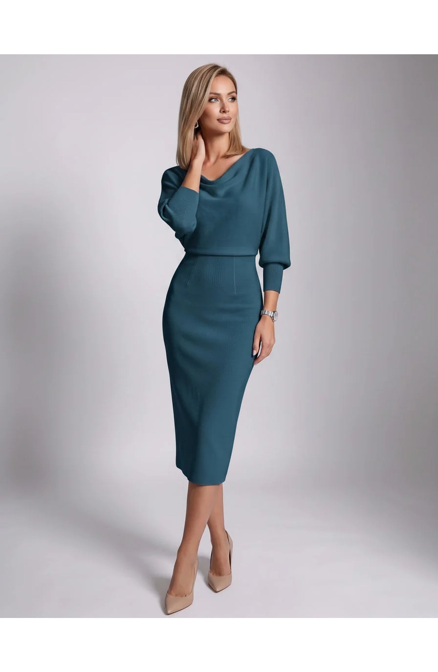 Brigitte Women's Midi Dress | Waterfall Neckline | Balloon Sleeves