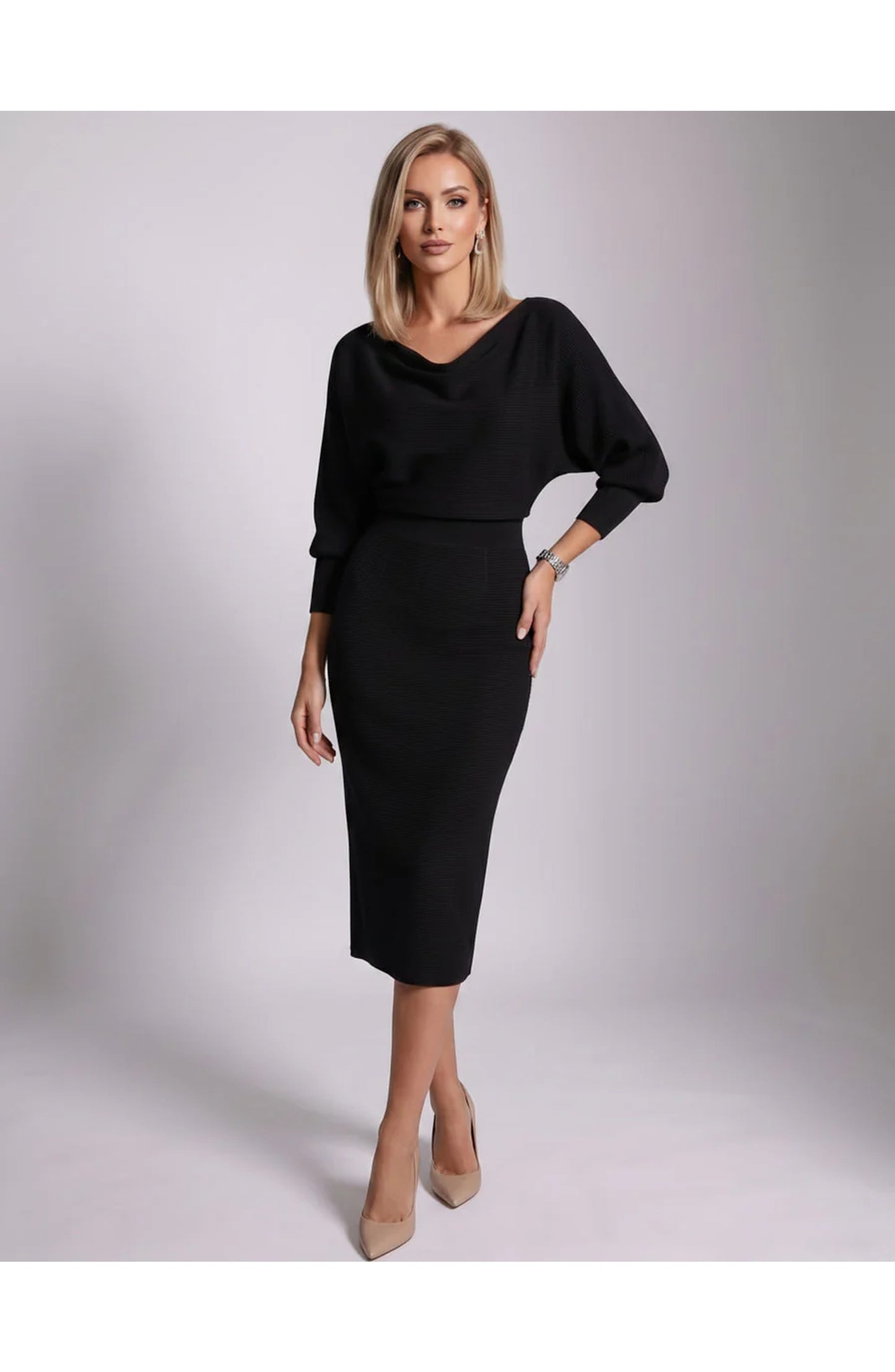 Brigitte Women's Midi Dress | Waterfall Neckline | Balloon Sleeves