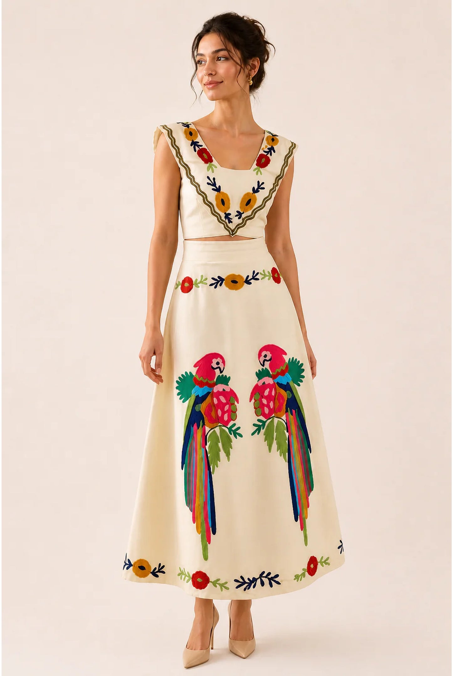 Women's Co-ord Set | Embroidered Parrot Motif | Maxi Skirt