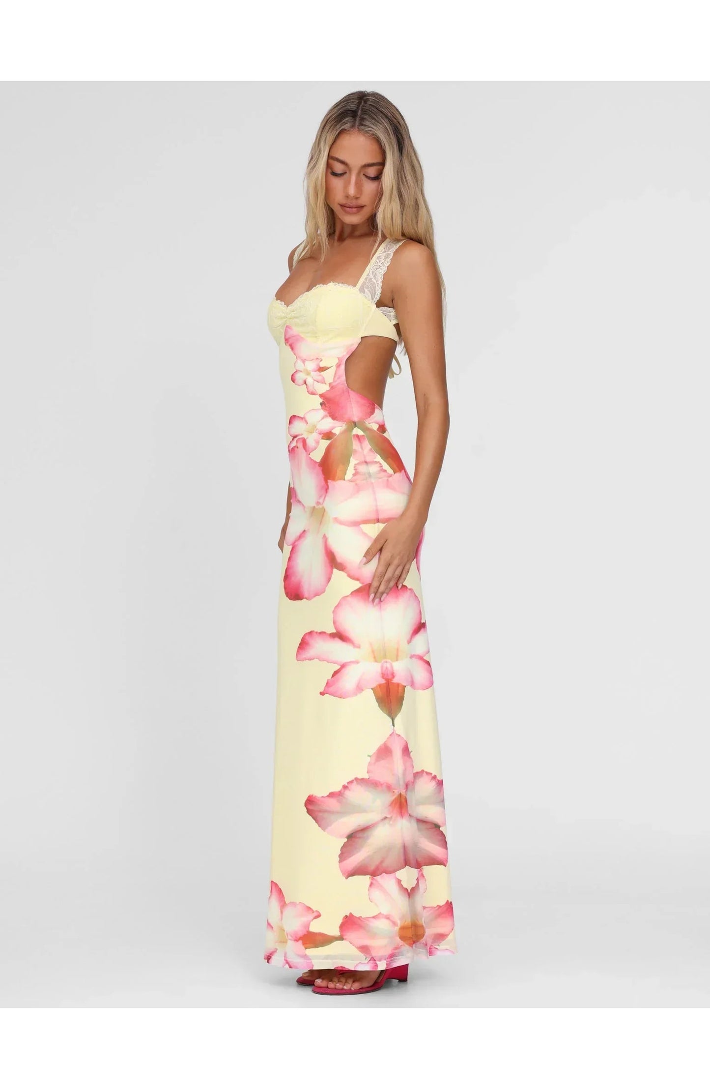 Women's Maxi Dress | Lace Straps | Pink Floral Print