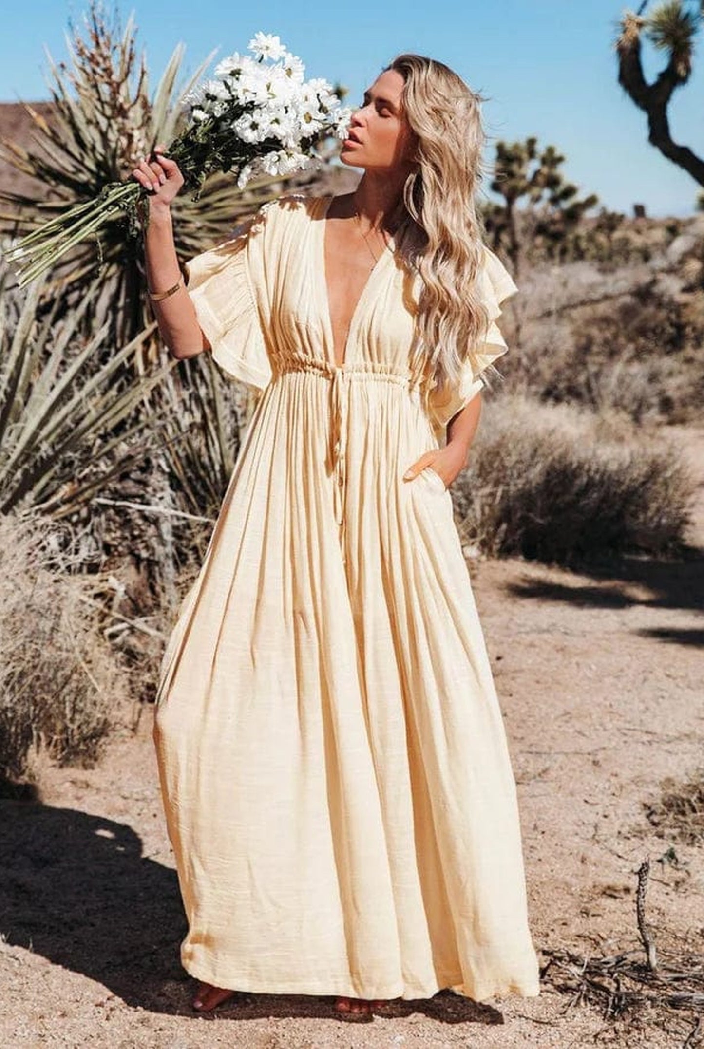 Liselotte Women's Maxi Dress | Deep V-Neck | Buttoned Front Closure
