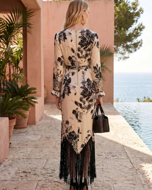 Women's Maxi Dress | Floral Print | Layered Fringe