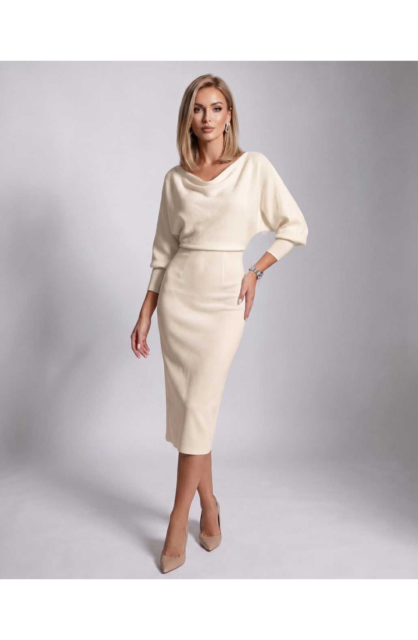 Brigitte Women's Midi Dress | Waterfall Neckline | Balloon Sleeves