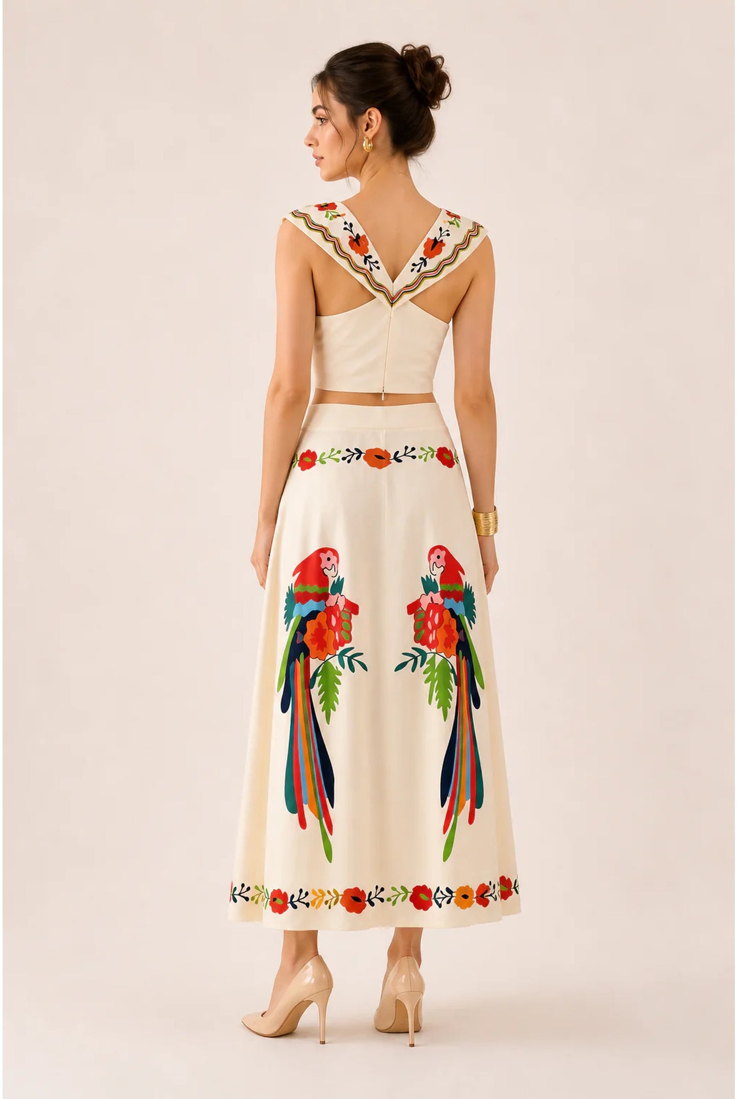 Women's Co-ord Set | Embroidered Parrot Motif | Maxi Skirt