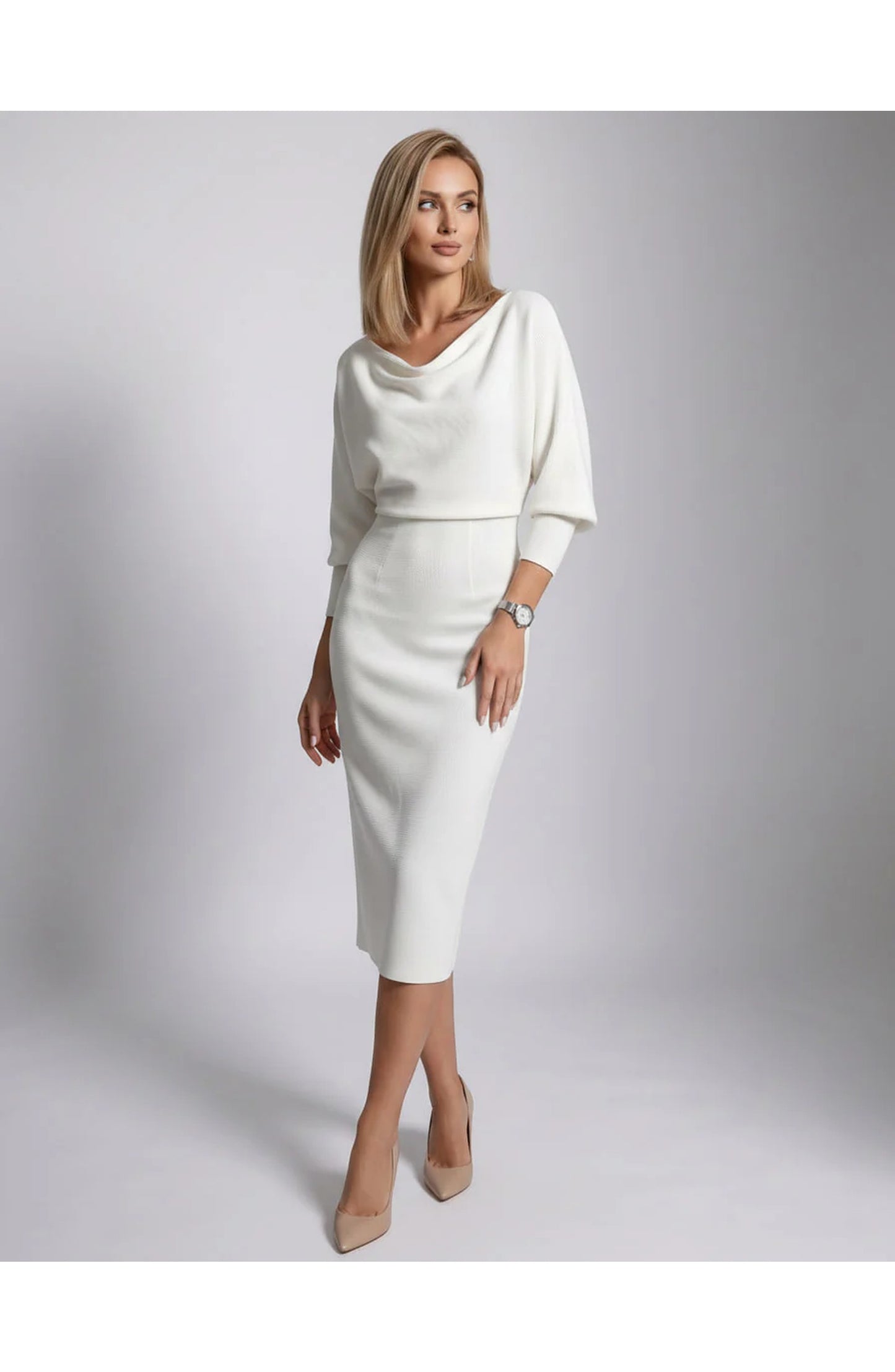 Brigitte Women's Midi Dress | Waterfall Neckline | Balloon Sleeves