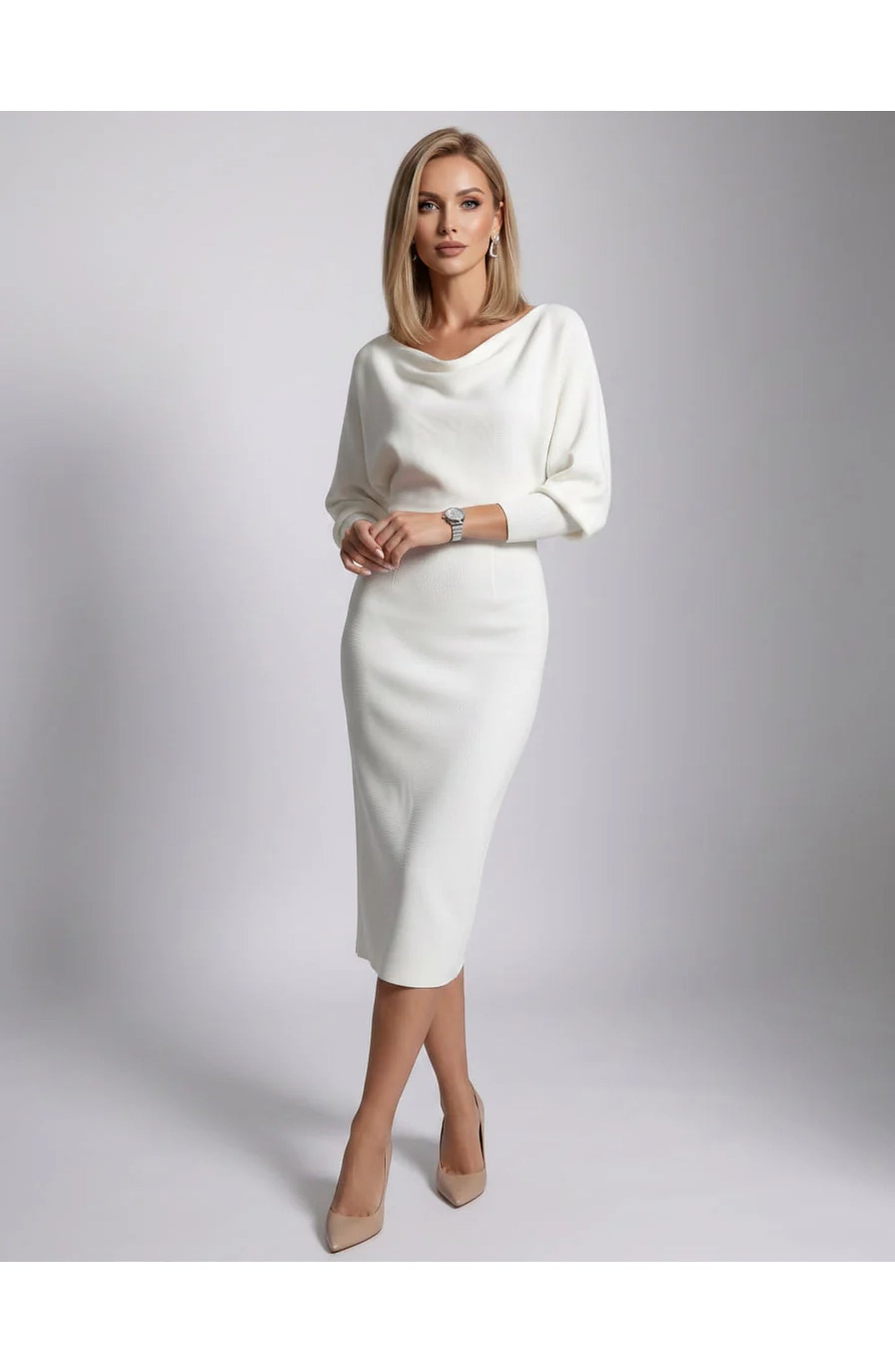 Brigitte Women's Midi Dress | Waterfall Neckline | Balloon Sleeves