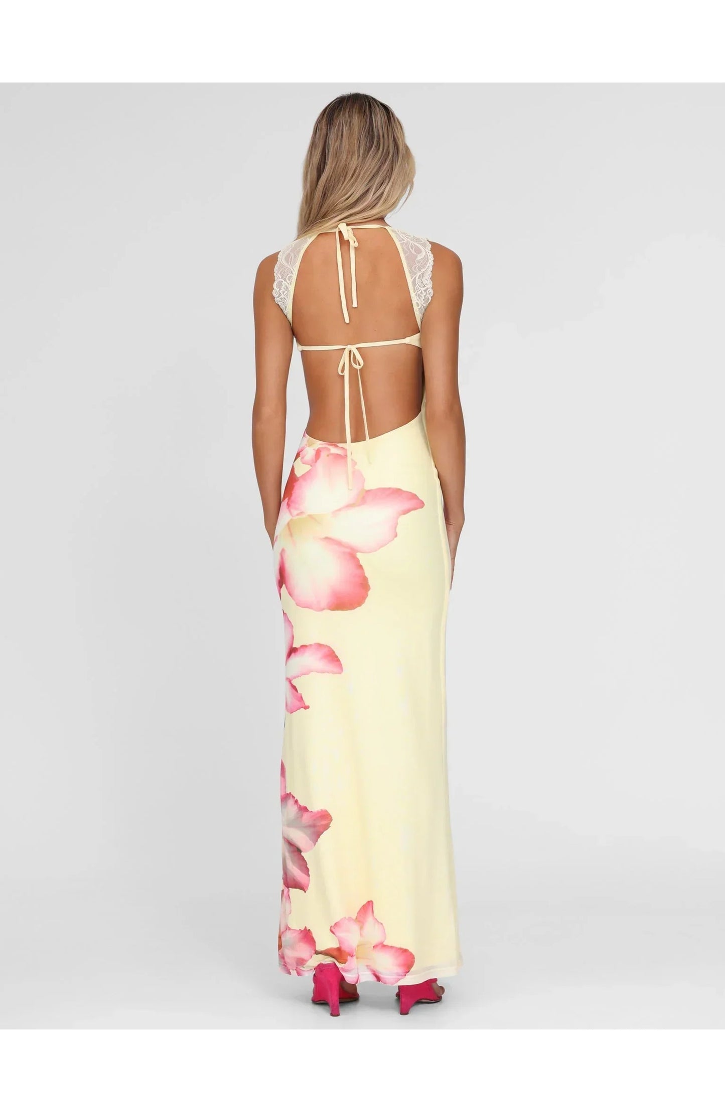 Women's Maxi Dress | Lace Straps | Pink Floral Print