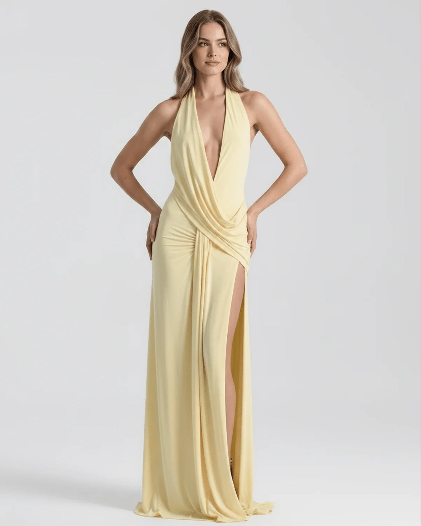 Women's Maxi Dress | Deep Halter V-Neck | High Slit & Draping