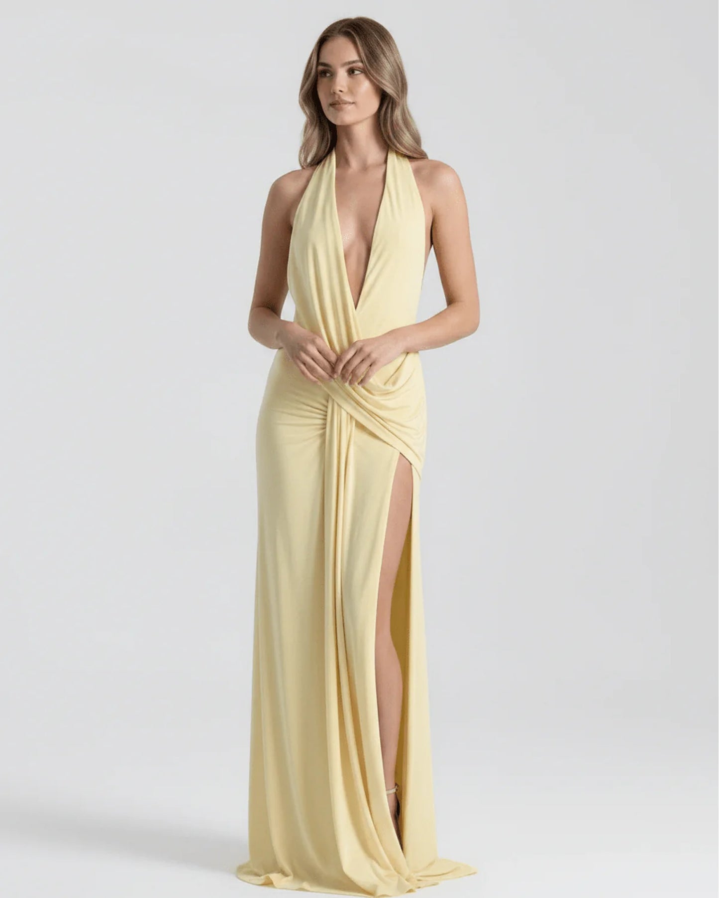 Women's Maxi Dress | Deep Halter V-Neck | High Slit & Draping