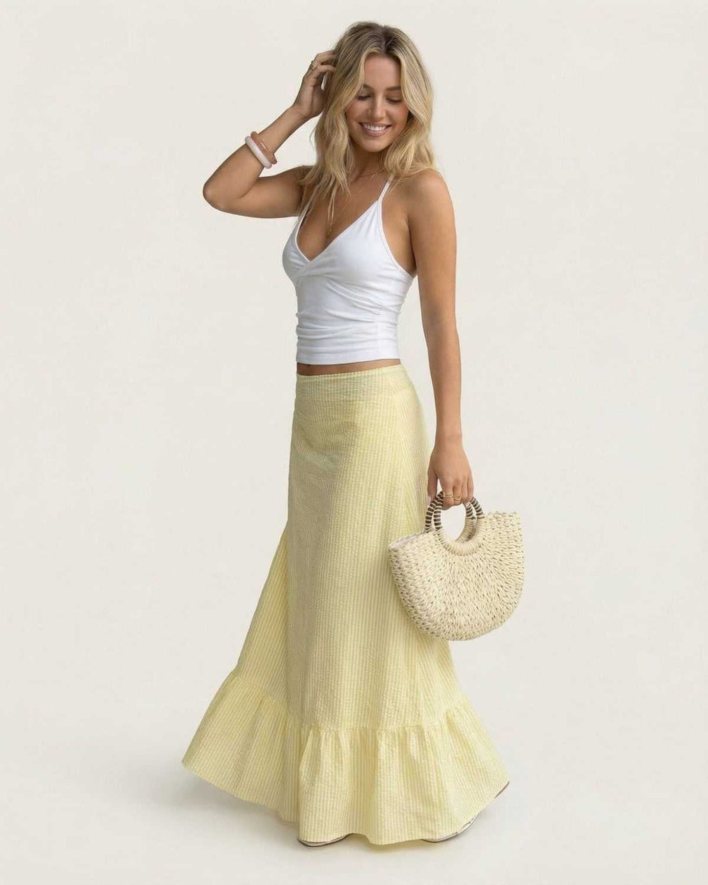 Klervie Dames Maxi Rok | Geribde Structuur | Ruffle Zoom