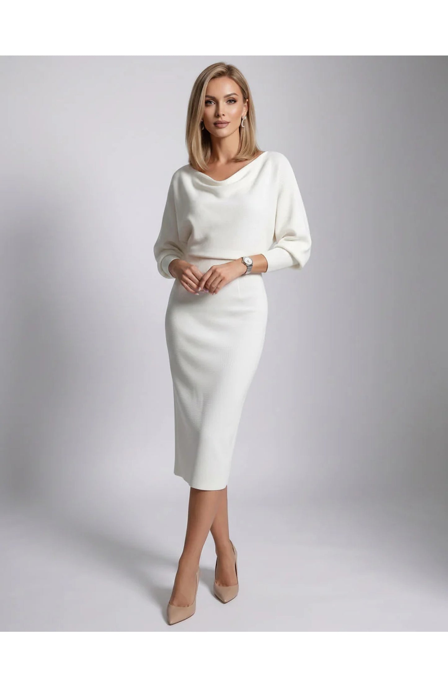 Brigitte Women's Midi Dress | Waterfall Neckline | Balloon Sleeves