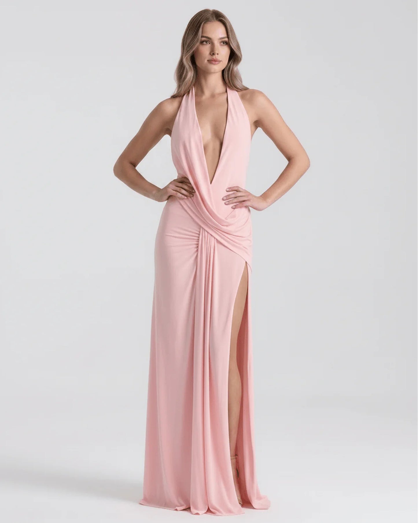 Women's Maxi Dress | Deep Halter V-Neck | High Slit & Draping