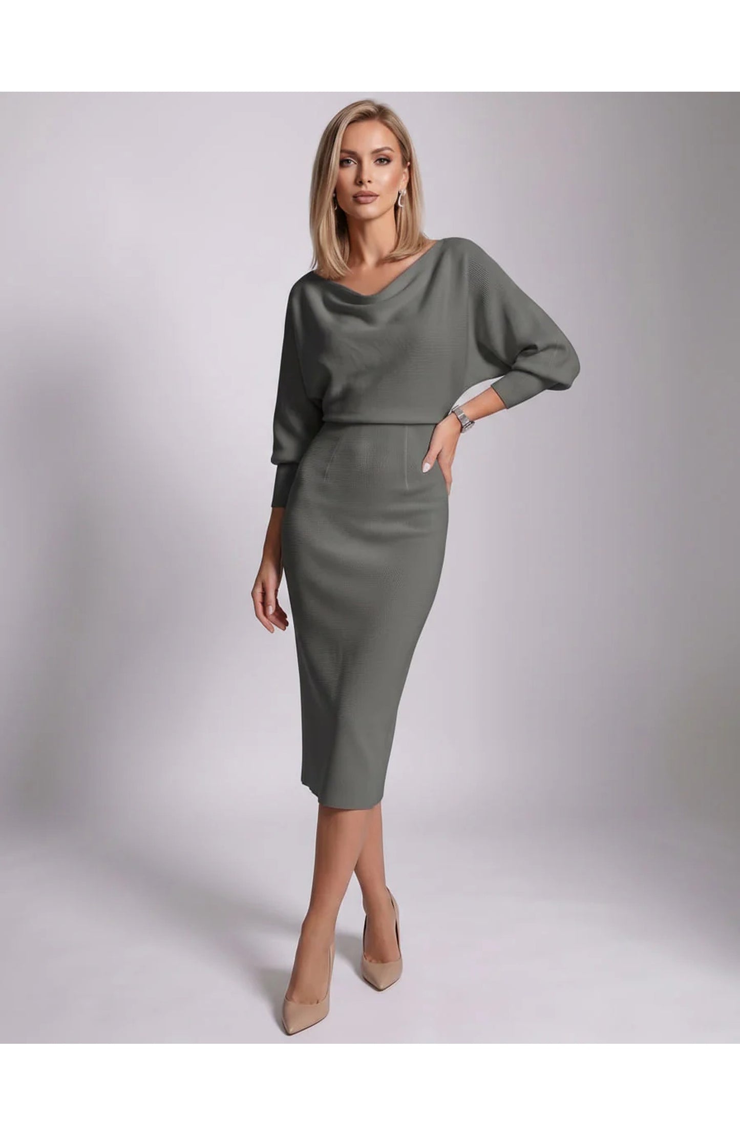 Brigitte Women's Midi Dress | Waterfall Neckline | Balloon Sleeves