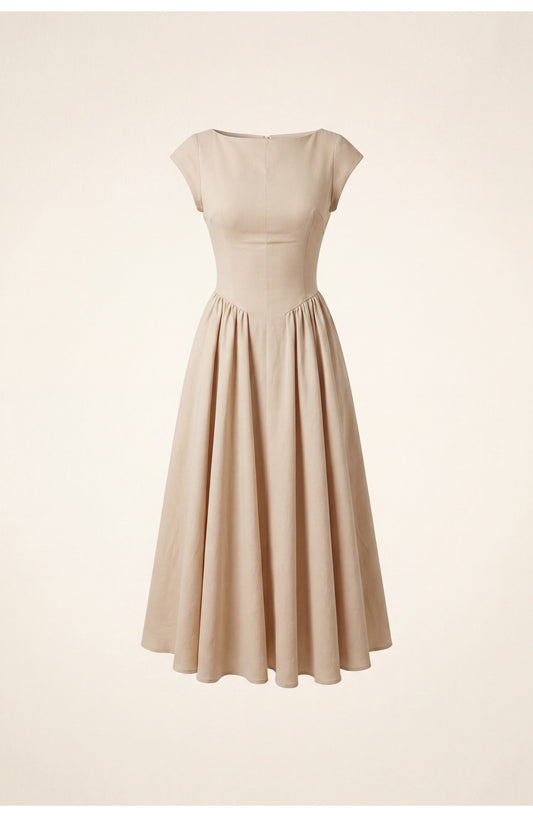 Véronique Women's Midi Dress | Round Neckline | Flared Skirt